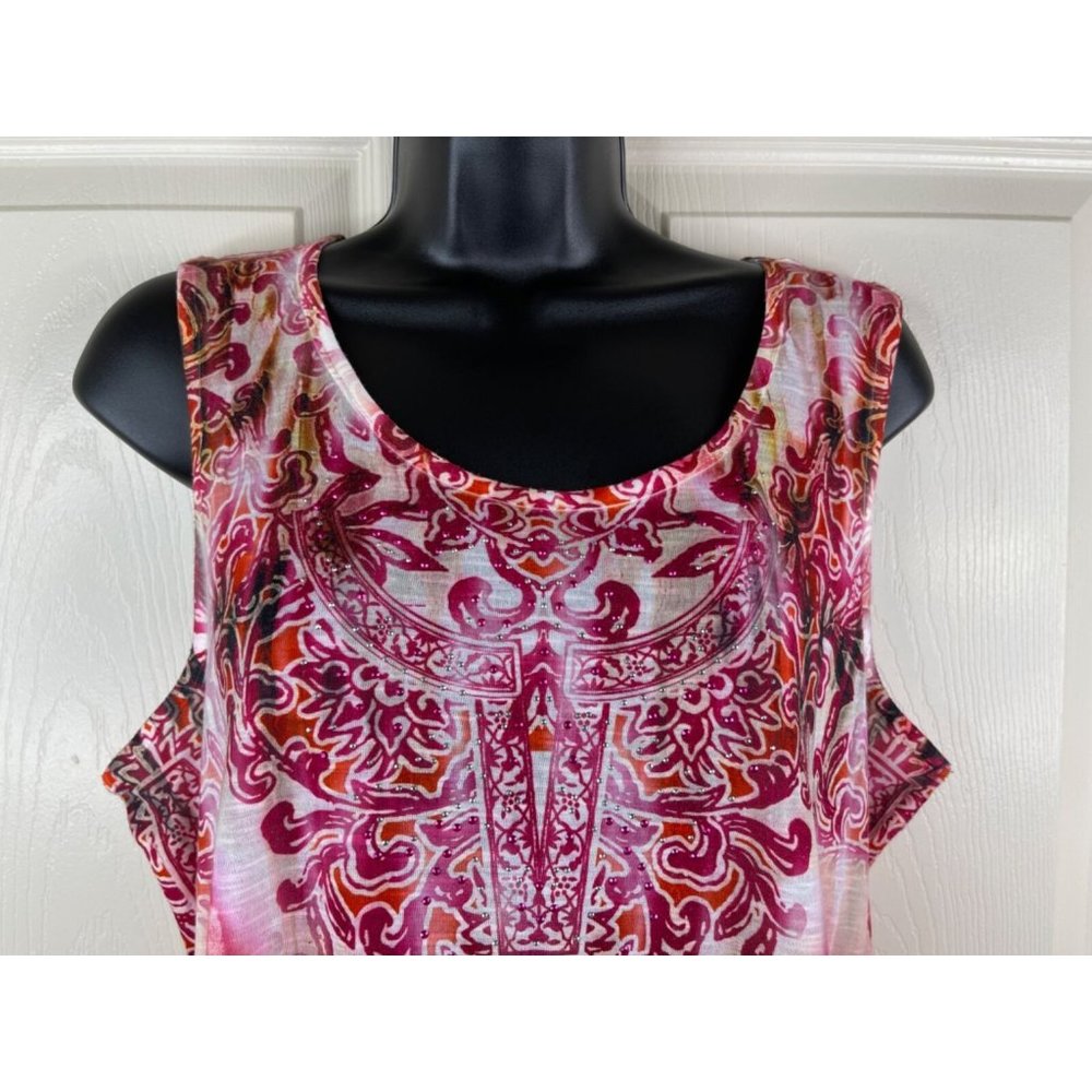 World Unity Top Sleeveless Women Size M Pink Multi Color Lace Studs Angled Hi Lo